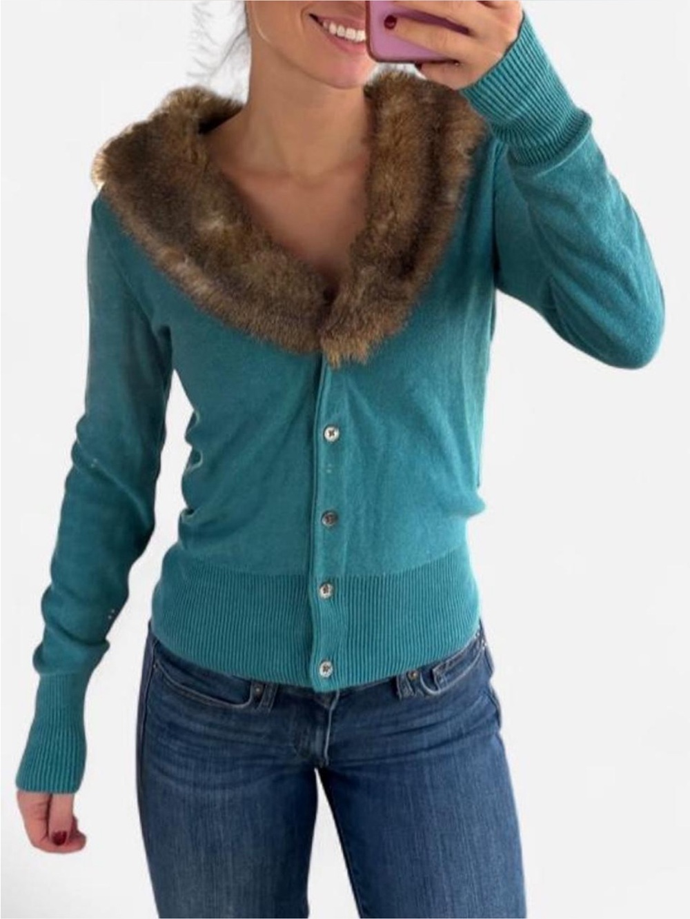 CAbi Teal Cardigan with Faux Fur Collar